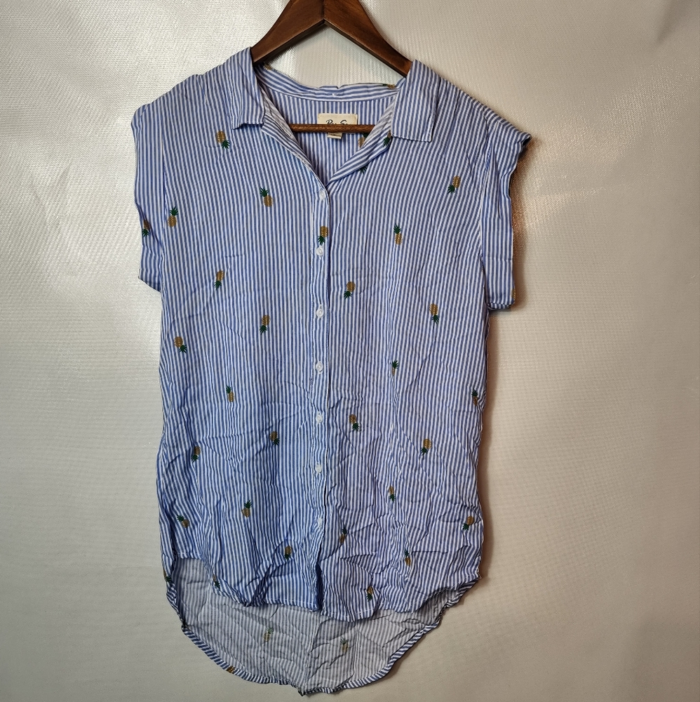 Per Se Blue White Stripe Sleeveless With Pineapples